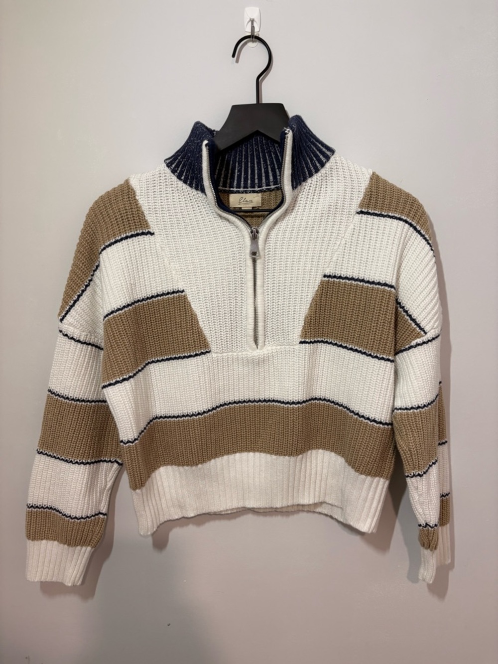Elan Striped 1/4 Zip High Neck Pullover Sweater XS White Tan Navy Cotton Acrylic